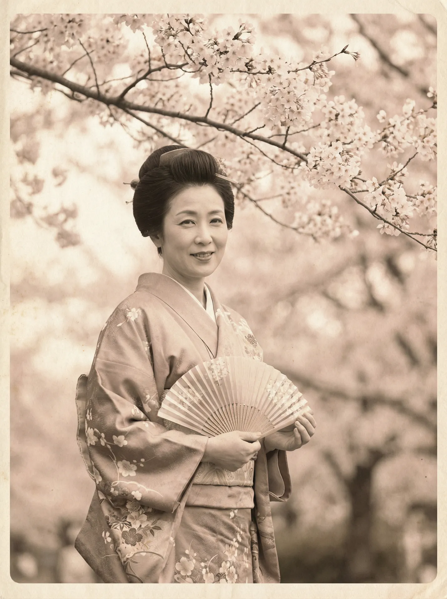 一位持扇的优雅 优德w88平台 在樱花树下的复古写真