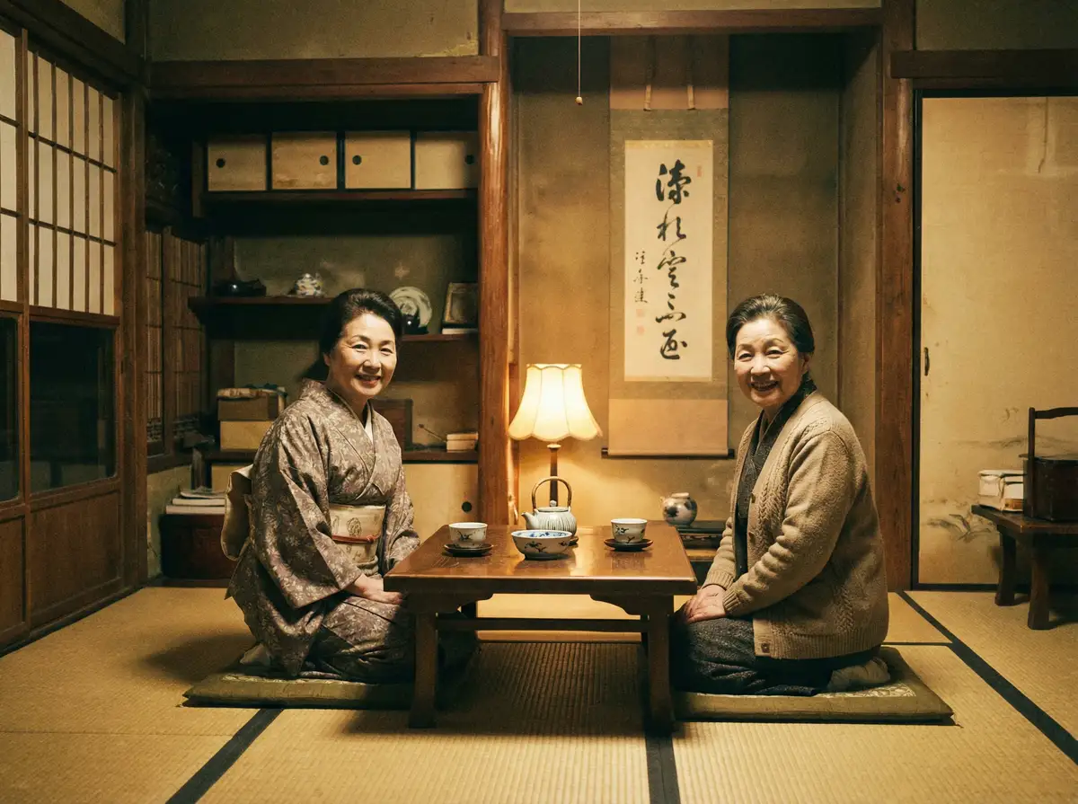 两位优雅的 优德w88平台 在日式茶室中品茶交谈